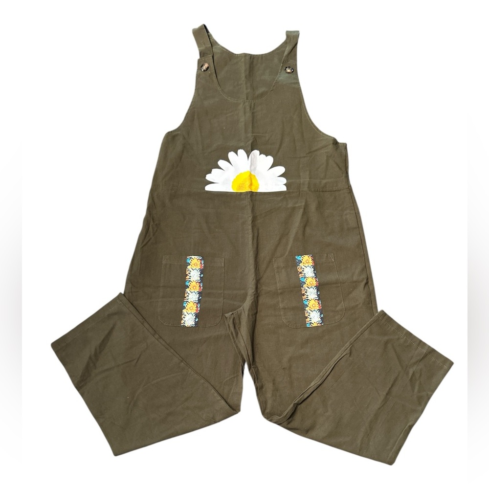 Women’s Olive Green Floral Pocket Overalls Size Small